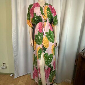 Cooper & Ella Women’s Tropical Print Dress Pink, Orange & Green Leaves Size XS